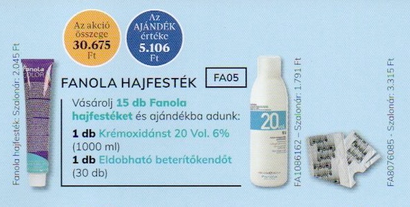 FA05 FANOLA Color hajfesték 15 + 1x 6% Oxi + 1x Eldobható beterítőkendő 30 db-os